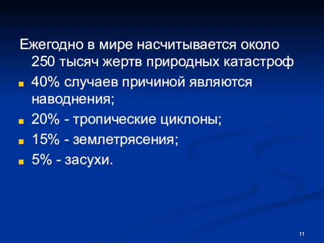 Ежегодно в мире насчитывается около 250 тысяч жертв природных катастроф 40%