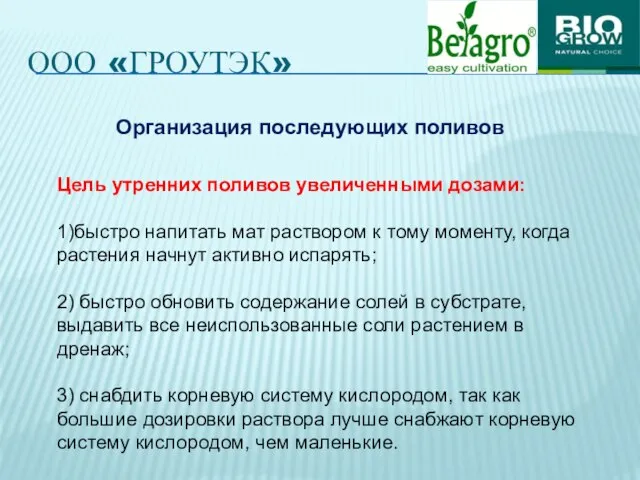 ООО «ГРОУТЭК» Организация последующих поливов Цель утренних поливов увеличенными дозами: 1)быстро