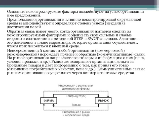 Основные неконтролируемые факторы воздействуют на успех организации и ее предложений. Предположения