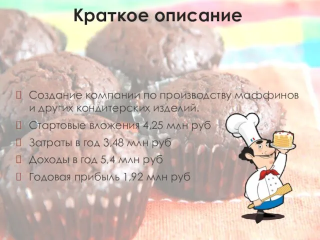 Краткое описание Создание компании по производству маффинов и других кондитерских изделий.