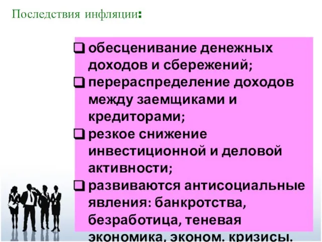 Последствия инфляции: обесценивание денежных доходов и сбережений; перераспределение доходов между заемщиками