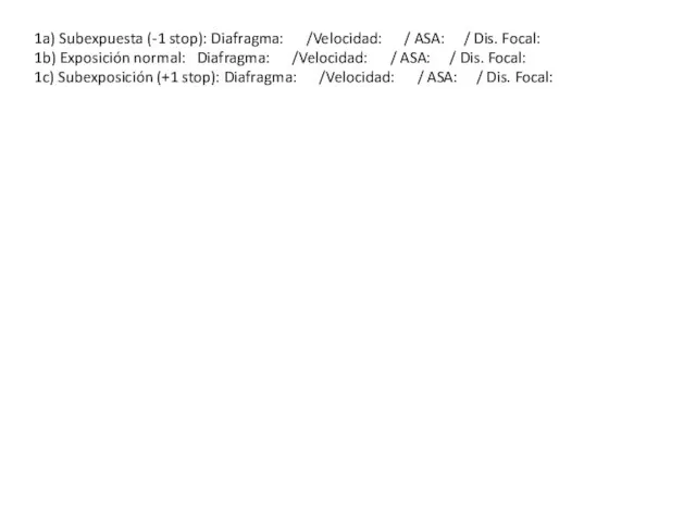 1a) Subexpuesta (-1 stop): Diafragma: /Velocidad: / ASA: / Dis. Focal: