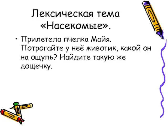 Лексическая тема «Насекомые». Прилетела пчелка Майя. Потрогайте у неё животик, какой