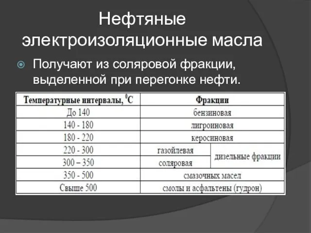 Нефтяные электроизоляционные масла Получают из соляровой фракции, выделенной при перегонке нефти.