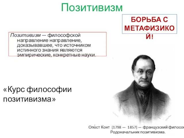 Позитивизм Позитивизм — философской направление направление, доказывавшее, что источником истинного знания