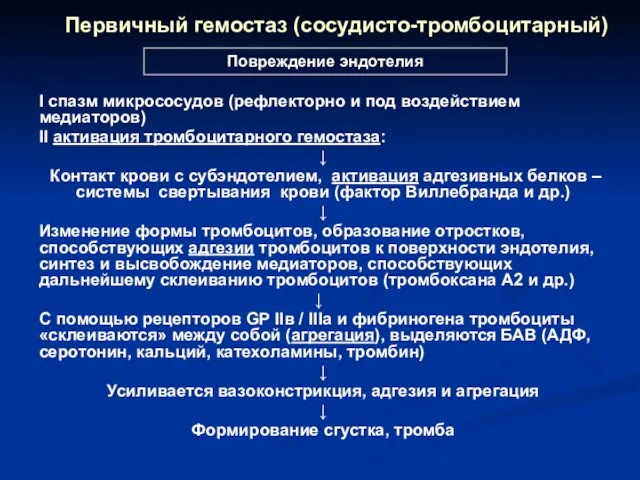 Первичный гемостаз (сосудисто-тромбоцитарный) I спазм микрососудов (рефлекторно и под воздействием медиаторов)