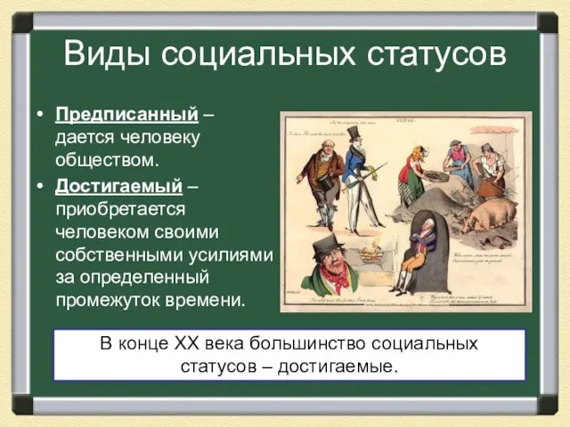 Виды социальных статусов Предписанный – дается человеку обществом. Достигаемый – приобретается