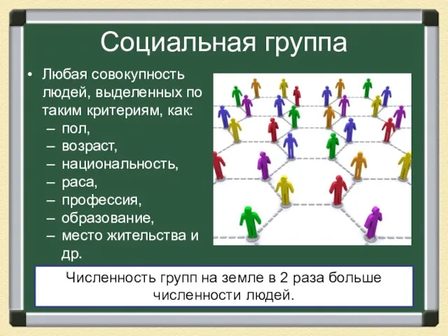 Социальная группа Любая совокупность людей, выделенных по таким критериям, как: пол,