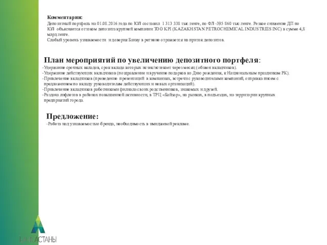 Комментарии: Депозитный портфель на 01.08.2016 года по ЮЛ составил 1 313