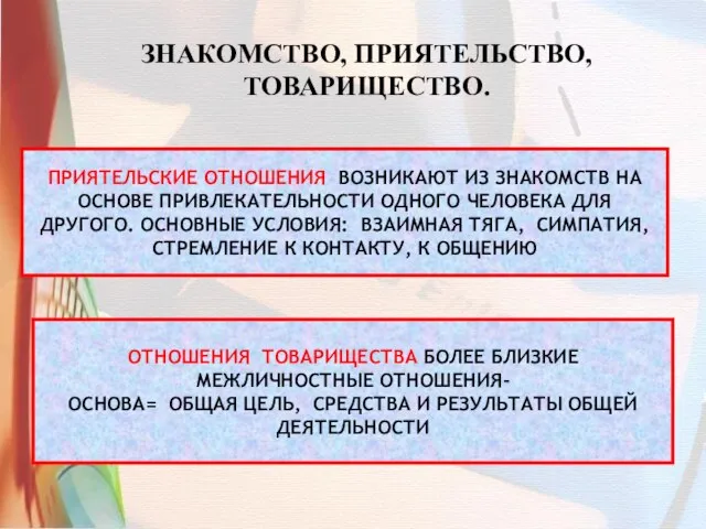 ЗНАКОМСТВО, ПРИЯТЕЛЬСТВО, ТОВАРИЩЕСТВО. ПРИЯТЕЛЬСКИЕ ОТНОШЕНИЯ ВОЗНИКАЮТ ИЗ ЗНАКОМСТВ НА ОСНОВЕ ПРИВЛЕКАТЕЛЬНОСТИ