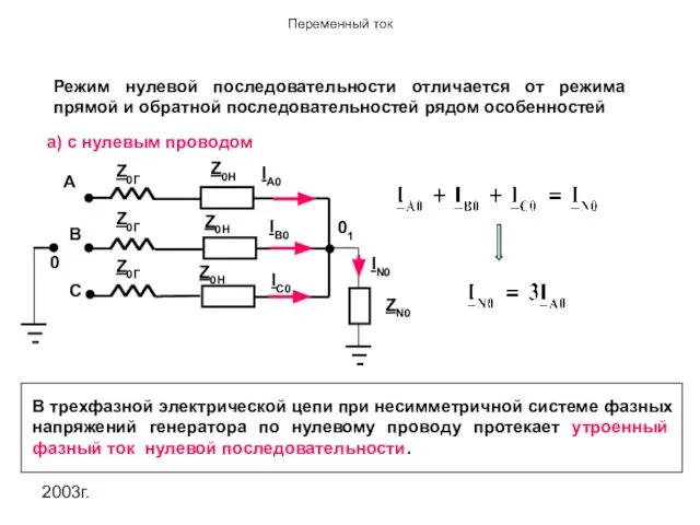 2003г. Режим нулевой последовательности отличается от режима прямой и обратной последовательностей