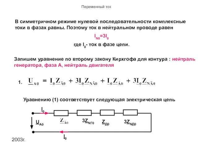 2003г. В симметричном режиме нулевой последовательности комплексные токи в фазах равны.