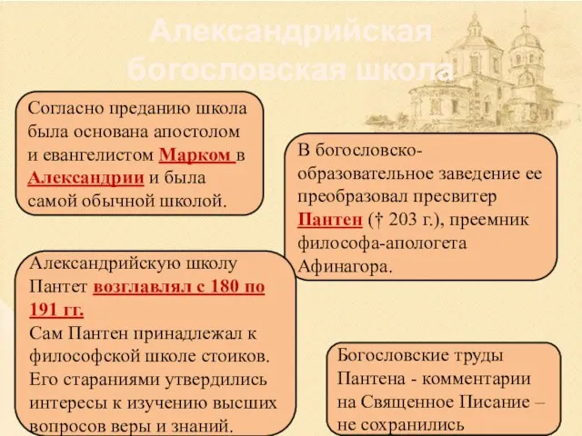 Александрийская богословская школа Согласно преданию школа была основана апостолом и евангелистом