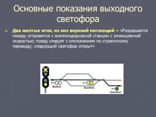 Основные показания выходного светофора Два желтых огня, из низ верхний мигающий