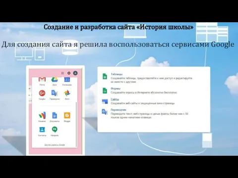 Создание и разработка сайта «История школы» Для создания сайта я решила воспользоваться сервисами Google