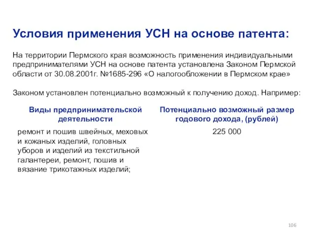 Условия применения УСН на основе патента: На территории Пермского края возможность