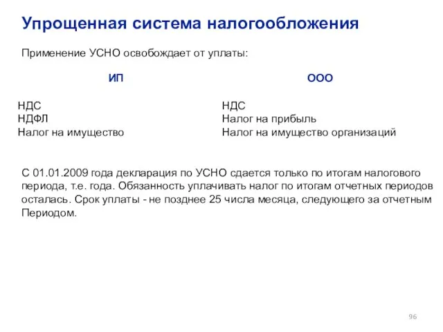 Упрощенная система налогообложения Применение УСНО освобождает от уплаты: С 01.01.2009 года