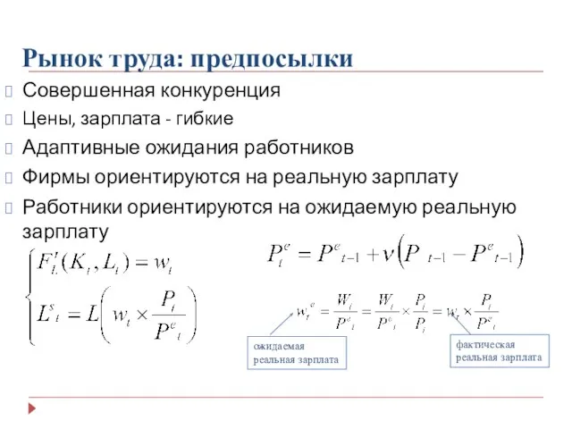 Рынок труда: предпосылки Совершенная конкуренция Цены, зарплата - гибкие Адаптивные ожидания