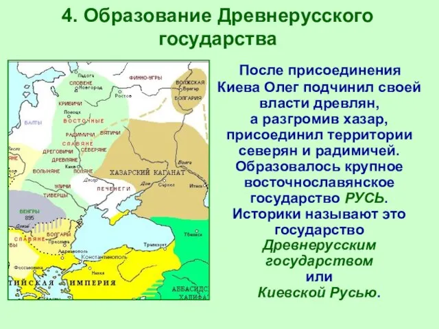 4. Образование Древнерусского государства После присоединения Киева Олег подчинил своей власти