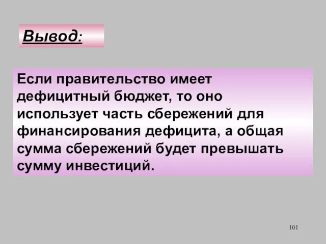 Вывод: Если правительство имеет дефицитный бюджет, то оно использует часть сбережений