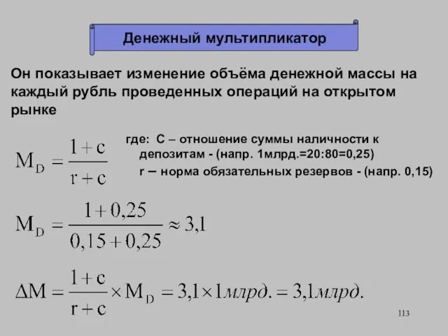 Денежный мультипликатор Он показывает изменение объёма денежной массы на каждый рубль