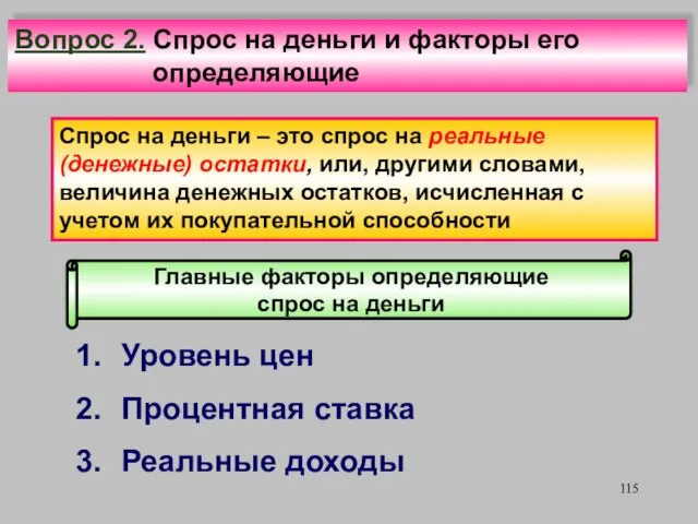 Главные факторы определяющие спрос на деньги Уровень цен Процентная ставка Реальные