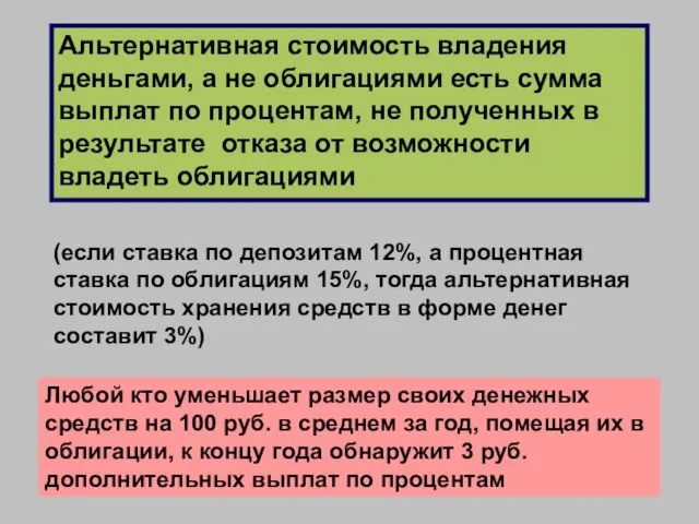 Альтернативная стоимость владения деньгами, а не облигациями есть сумма выплат по