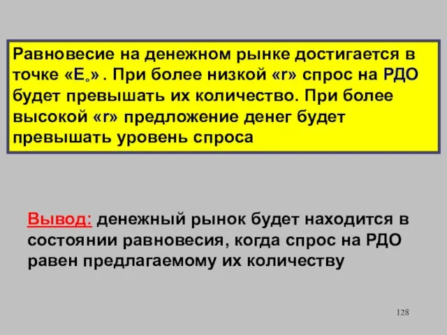 Равновесие на денежном рынке достигается в точке «E°» . При более