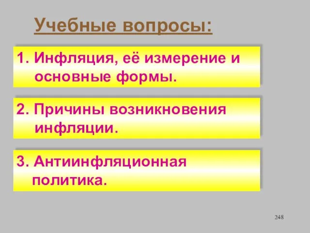 Учебные вопросы: 1. Инфляция, её измерение и основные формы. 3. Антиинфляционная политика. 2. Причины возникновения инфляции.