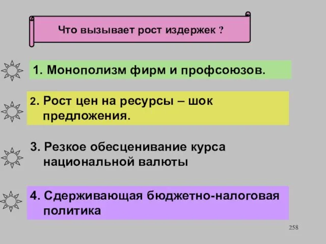 1. Монополизм фирм и профсоюзов. 2. Рост цен на ресурсы –