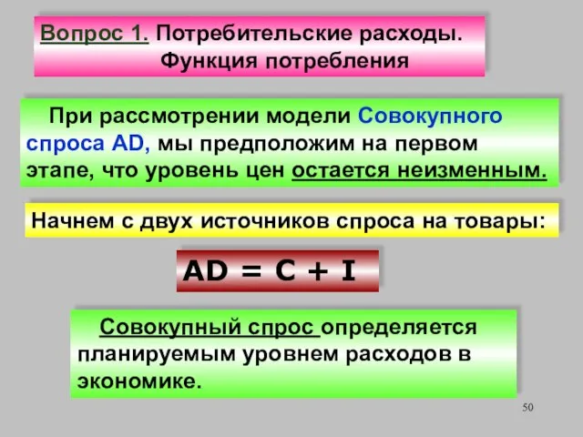 При рассмотрении модели Совокупного спроса AD, мы предположим на первом этапе,