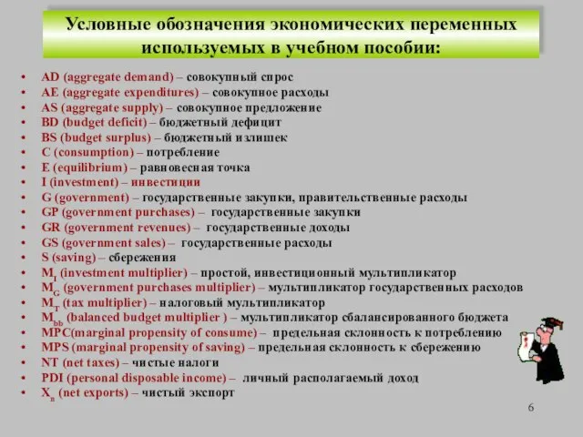 AD (aggregate demand) – совокупный спрос AE (aggregate expenditures) – совокупное