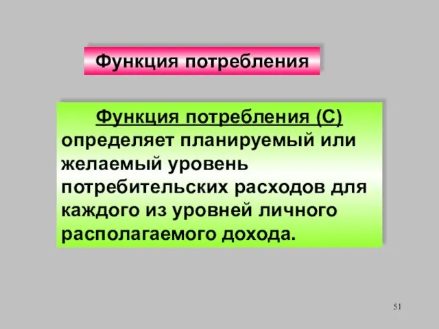 Функция потребления (С) определяет планируемый или желаемый уровень потребительских расходов для