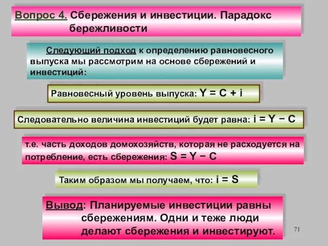 Равновесный уровень выпуска: Y = C + i Следующий подход к