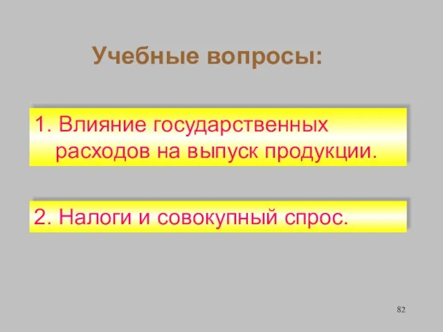 Учебные вопросы: 2. Налоги и совокупный спрос. 1. Влияние государственных расходов на выпуск продукции.