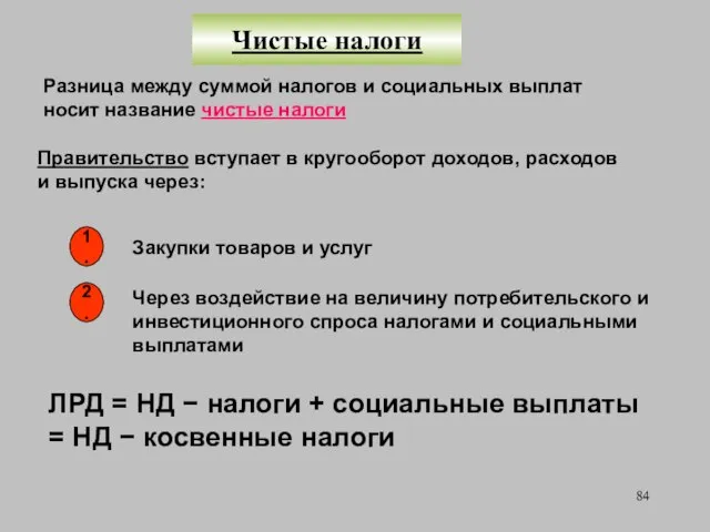 Чистые налоги Разница между суммой налогов и социальных выплат носит название