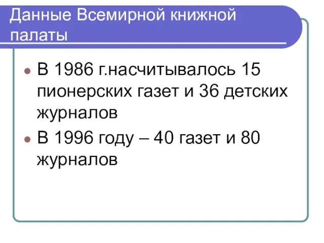 Данные Всемирной книжной палаты В 1986 г.насчитывалось 15 пионерских газет и