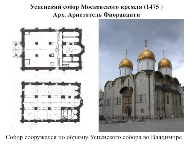 Успенский собор Московского кремля (1475 ) Арх. Аристотель Фиораванти Собор сооружался