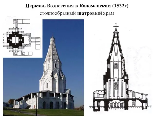 столпообразный шатровый храм Церковь Вознесения в Коломенском (1532г)