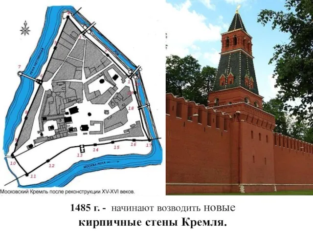 1485 г. - начинают возводить новые кирпичные стены Кремля.