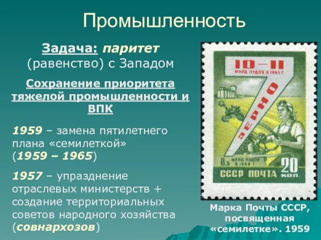 Промышленность 1957 – упразднение отраслевых министерств + создание территориальных советов народного