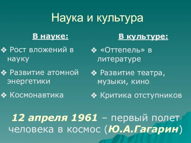 Наука и культура В науке: Рост вложений в науку Развитие атомной