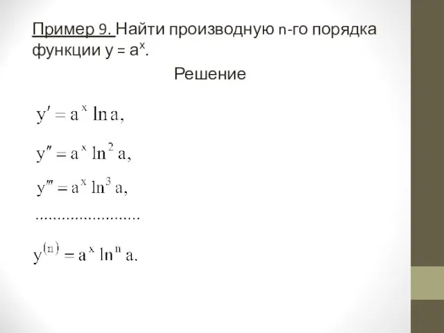 Пример 9. Найти производную n-го порядка функции у = ах. Решение