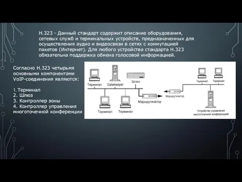 H.323 - Данный стандарт содержит описание оборудования, сетевых служб и терминальных