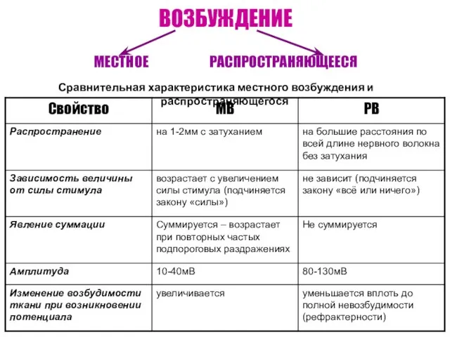 ВОЗБУЖДЕНИЕ МЕСТНОЕ РАСПРОСТРАНЯЮЩЕЕСЯ Сравнительная характеристика местного возбуждения и распространяющегося