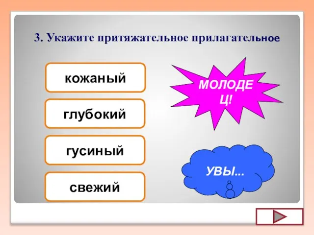 3. Укажите притяжательное прилагательное кожаный глубокий гусиный свежий УВЫ... МОЛОДЕЦ!