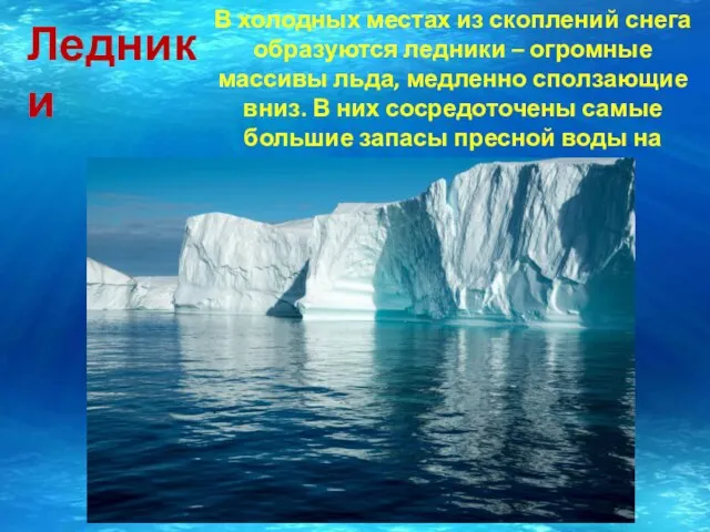 Ледники В холодных местах из скоплений снега образуются ледники – огромные