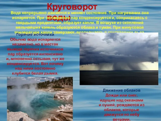 Круговорот воды Вода непрерывно движется и меняет состояние. При нагревании она