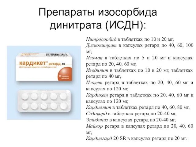 Препараты изосорбида динитрата (ИСДН): Нитросорбид в таблетках по 10 и 20