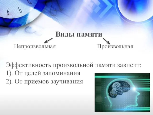 Виды памяти Непроизвольная Эффективность произвольной памяти зависит: 1). От целей запоминания 2). От приемов заучивания Произвольная